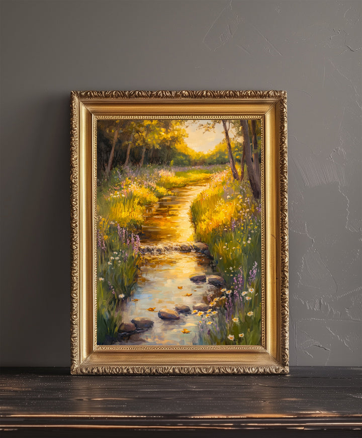 Meadow Stream Poster Dark Academia Poster Cottagecore Decor Antique Landscape Illustration Rustic Nature Poster Vintage Wall Art