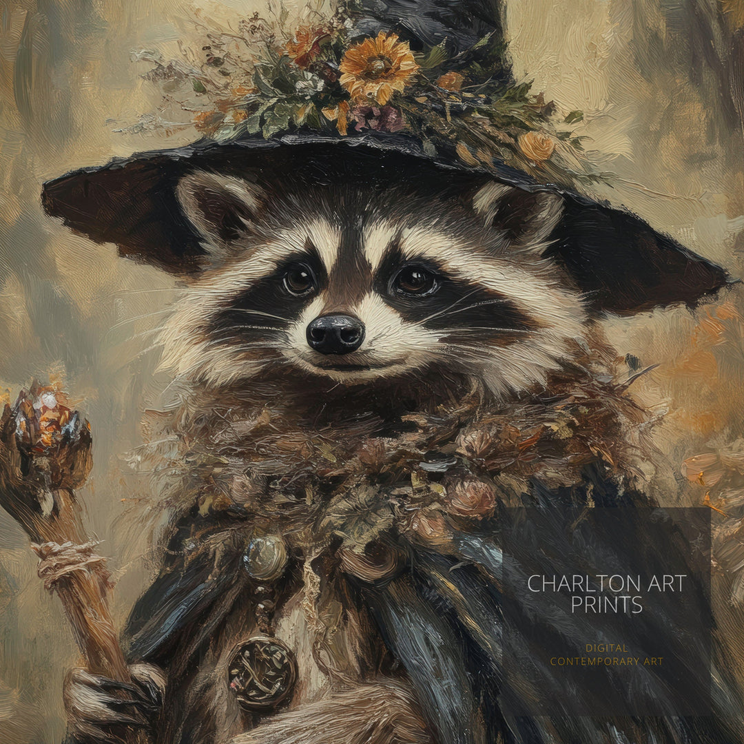 Raccoon Witch Poster Whimsical Animal Wall Art Fantasy Witchy Décor for Living Room Bedroom or Gallery Wall Cute Magical Raccoon Home Art