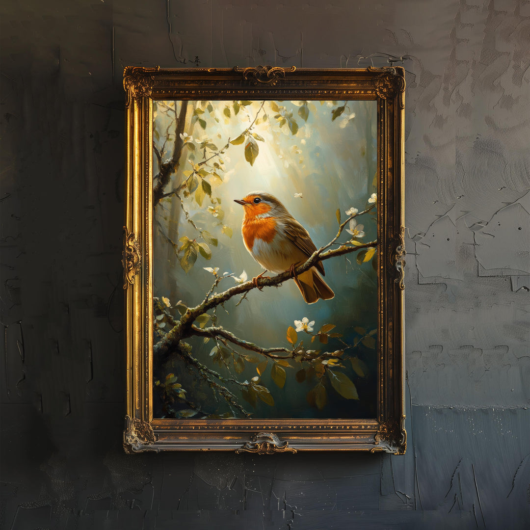 Robin on Branch Poster Cottagecore Decor Dark Academia Art Enchanted Bird Illustration Vintage Nature Wall Art Rustic Aesthetic