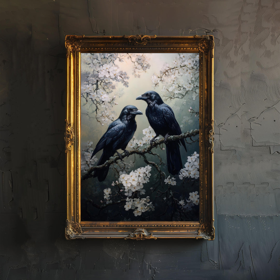 Ravens on a Branch Poster Cottagecore Decor Dark Academia Art Enchanted Bird Illustration Vintage Nature Wall Art Rustic Aesthetic