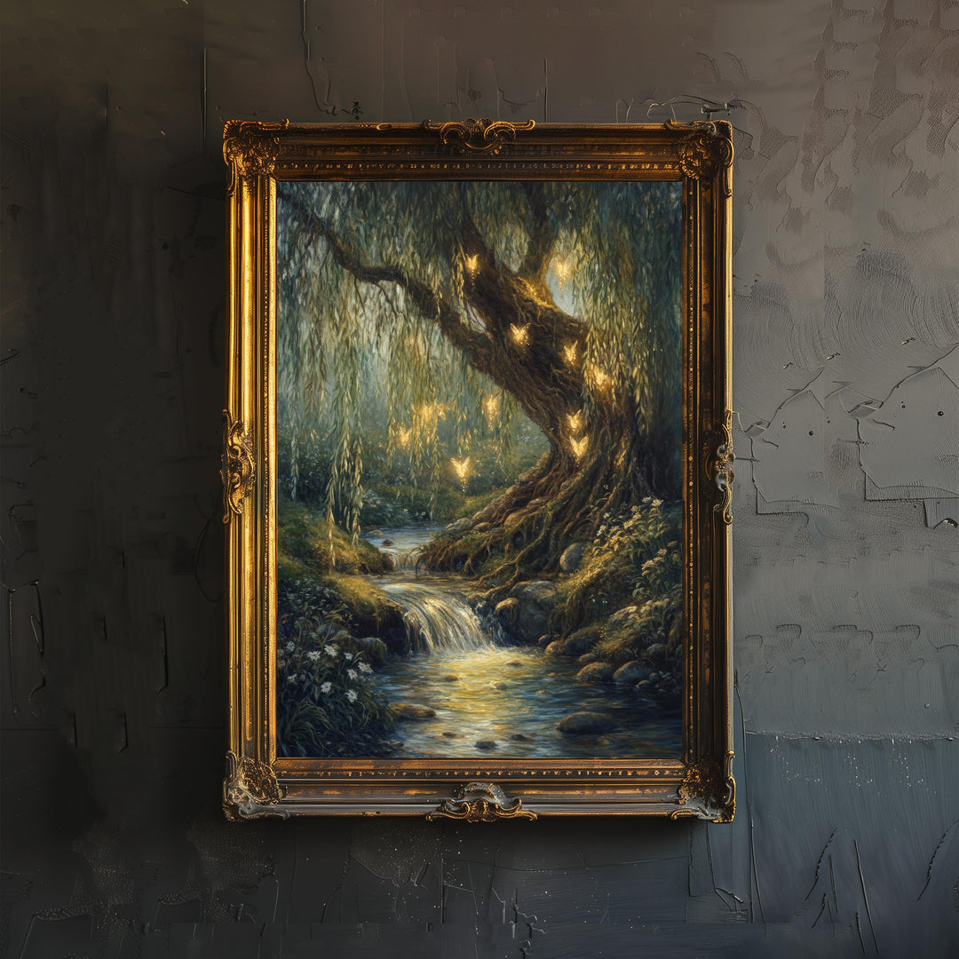 Willow Tree Fairies Poster Cottagecore Decor Dark Academia Art Enchanted Illustration Vintage Nature Wall Art Rustic Aesthetic