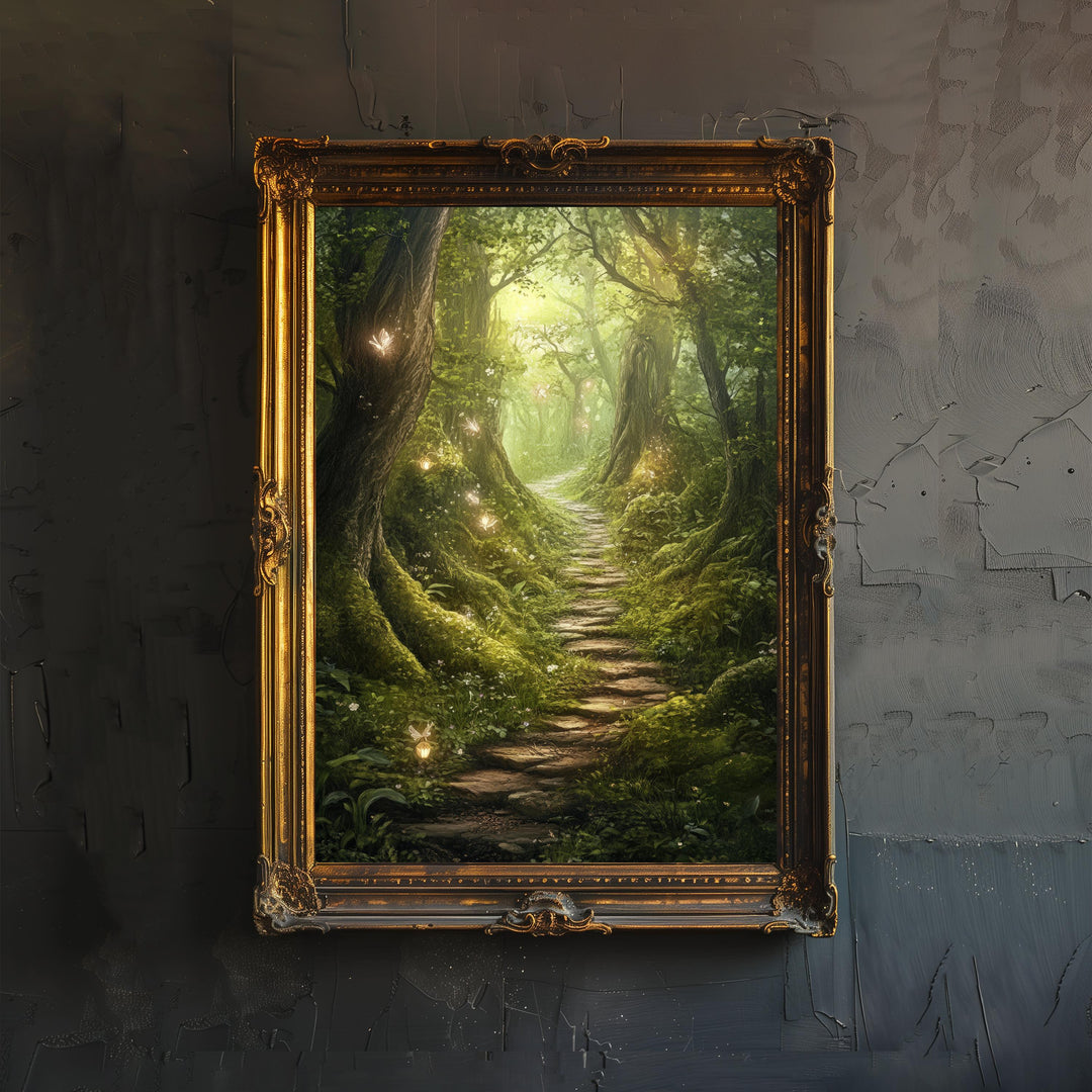 Fairy Forest Path Poster Cottagecore Decor Dark Academia Art Enchanted Landscape Illustration Vintage Nature Wall Art Rustic Aesthetic