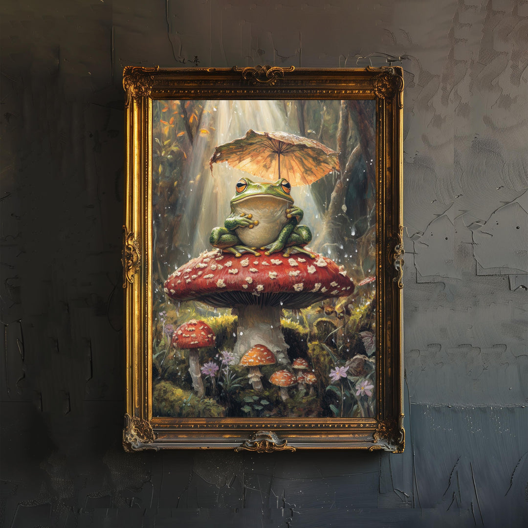 Frog on a Toadstool Poster Cottagecore Decor Dark Academia Art Enchanted Illustration Vintage Nature Wall Art Rustic Aesthetic