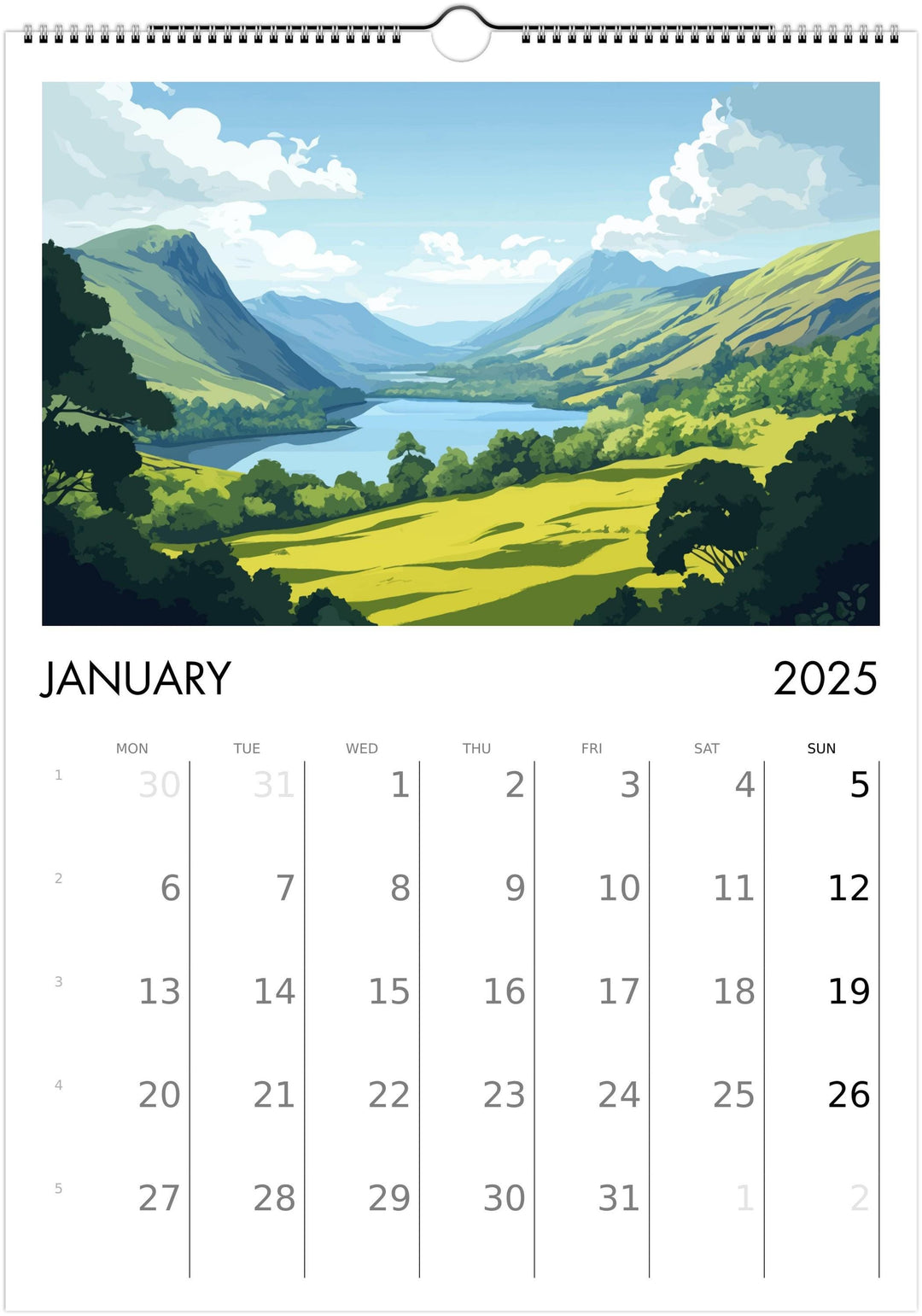 Lake District A3 Travel Calendar Wall Art Lake District Landscape Calendar UK Travel Poster Art Gift Nature Lovers Scenic Views