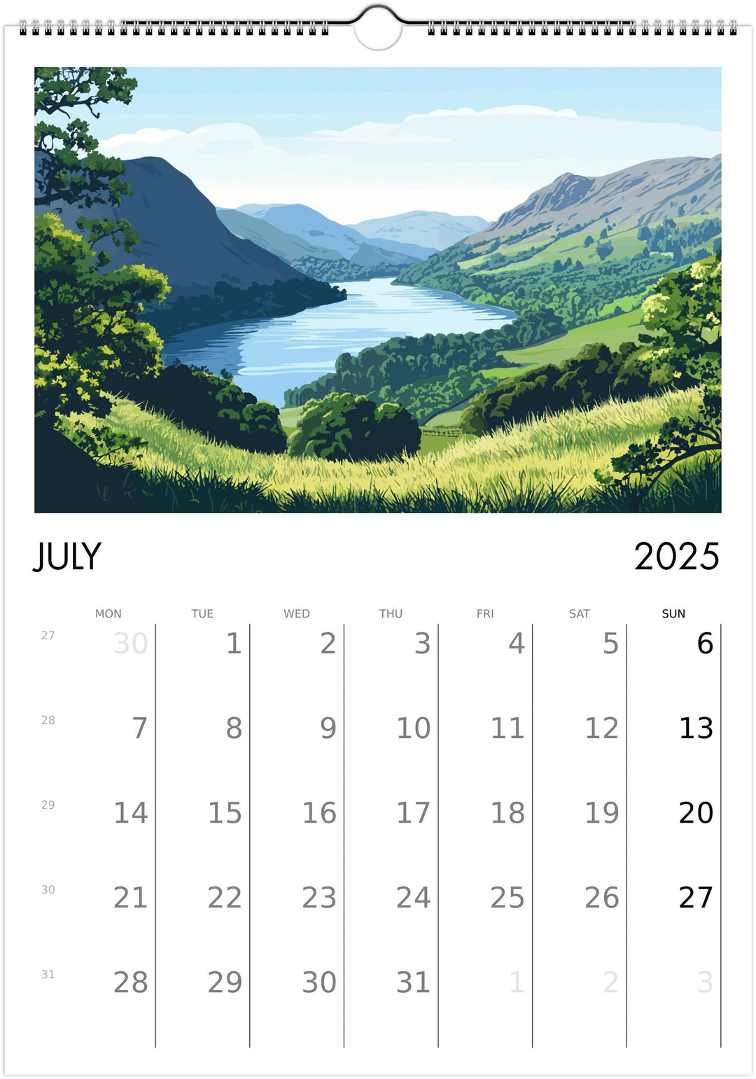 Lake District A3 Travel Calendar Wall Art Lake District Landscape Calendar UK Travel Poster Art Gift Nature Lovers Scenic Views