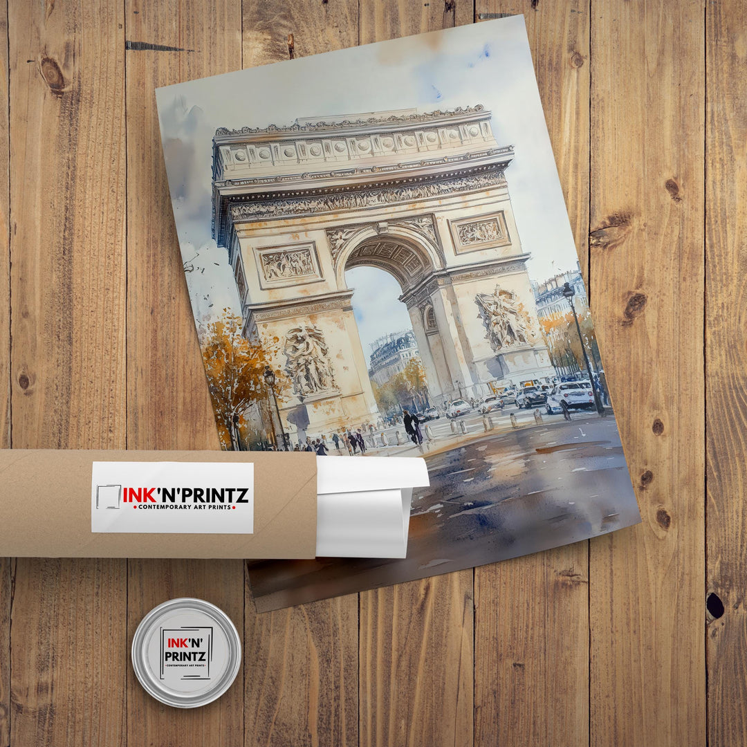 Arc de Triomphe Paris Watercolor Travel Poster