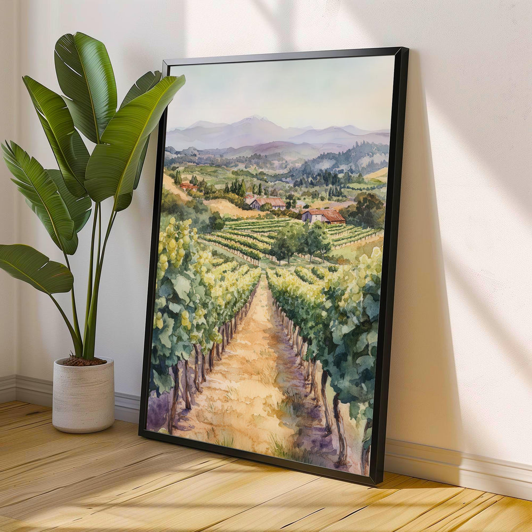 California Vineyard Watercolor Travel Print Wall Decor Wall Art Vineyard Landscape Wall Hanging Home Decor Wine Country Gift Art Lovers