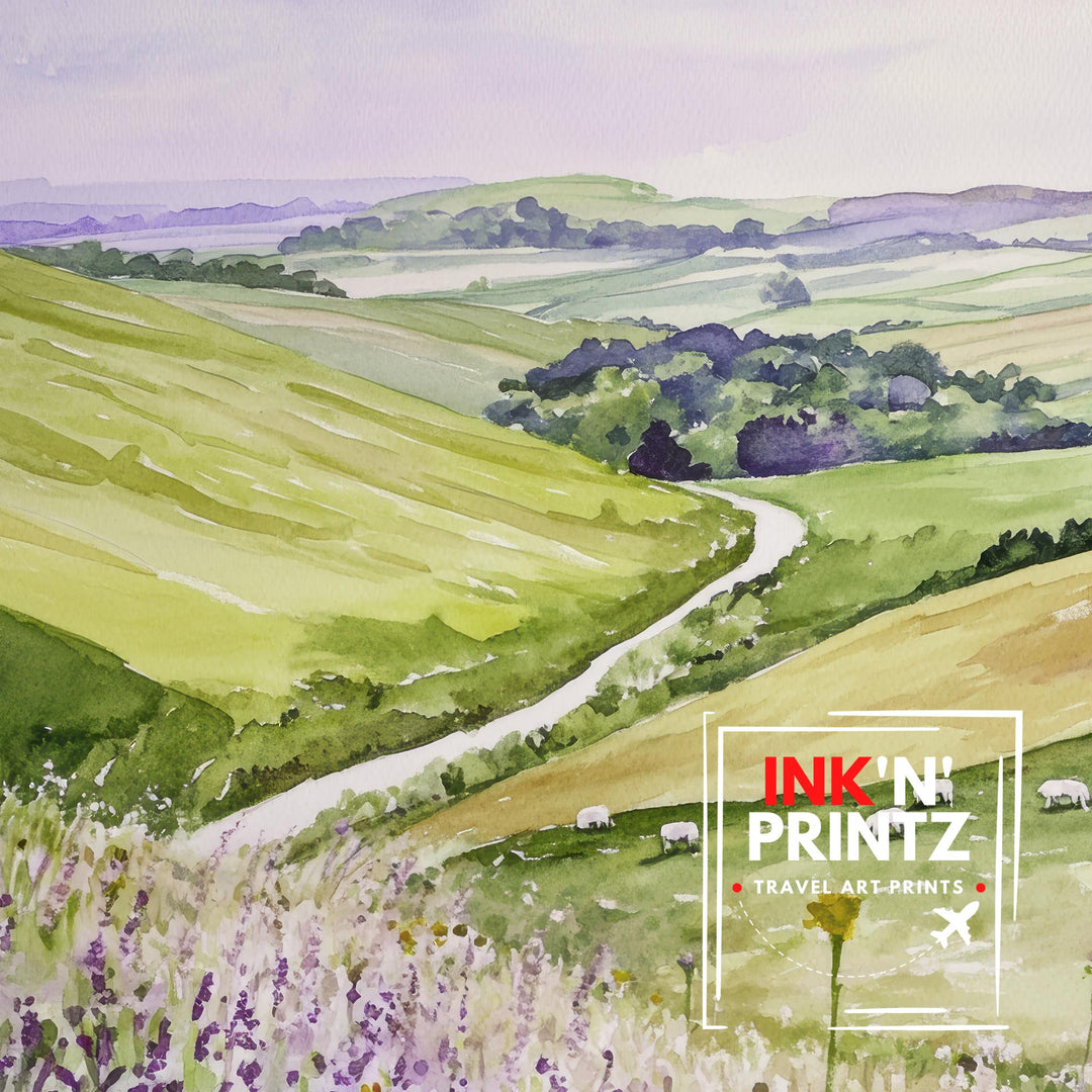 South Downs Watercolor Travel Poster