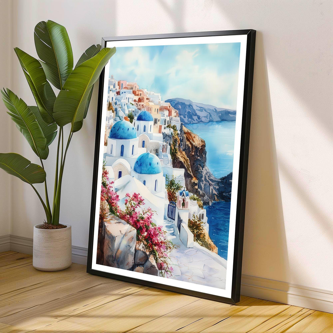 Santorini Watercolor Travel Print Wall Decor Wall Art Santorini Landscape Wall Hanging Home Décor Greek Island Gift Art Lovers Scenic Print