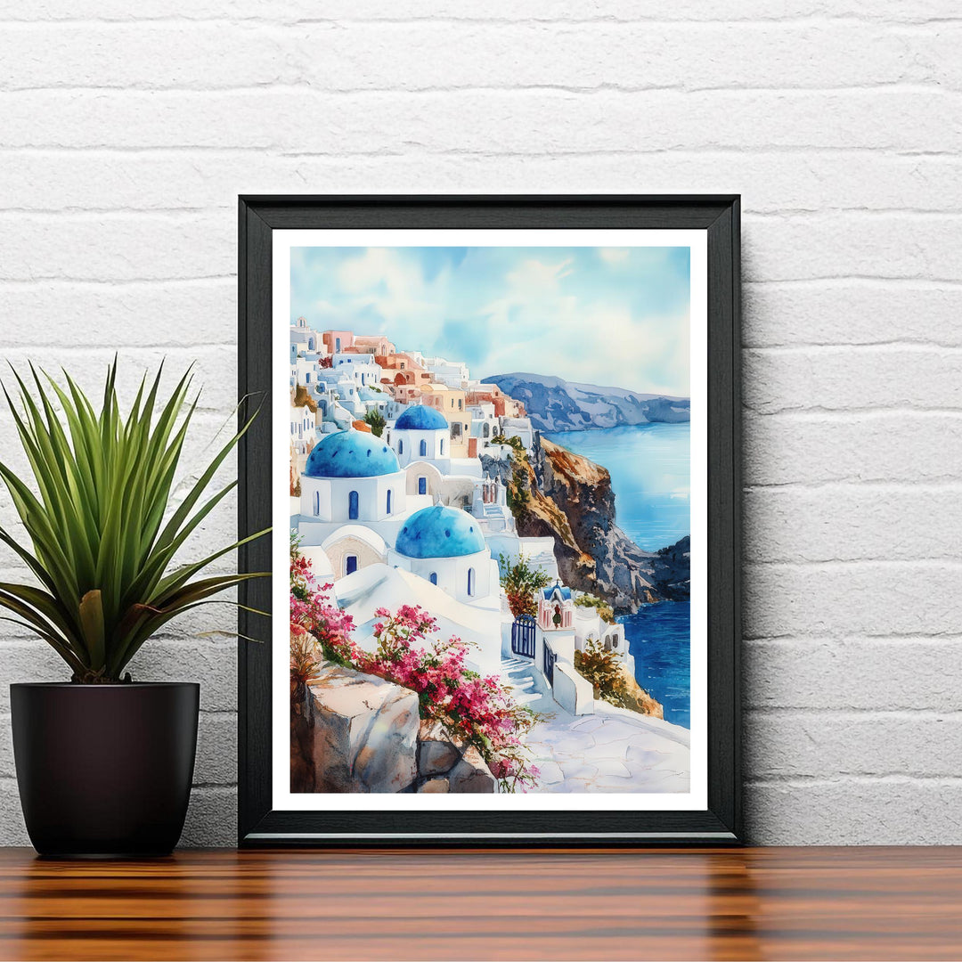 Santorini Watercolor Travel Poster