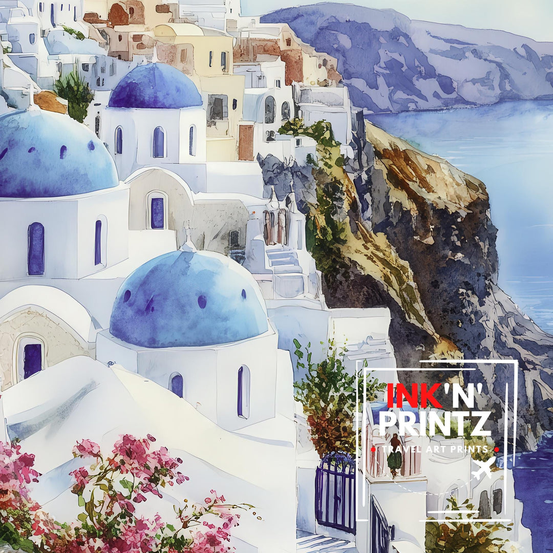 Santorini Watercolor Travel Print Wall Decor Wall Art Santorini Landscape Wall Hanging Home Décor Greek Island Gift Art Lovers Scenic Print