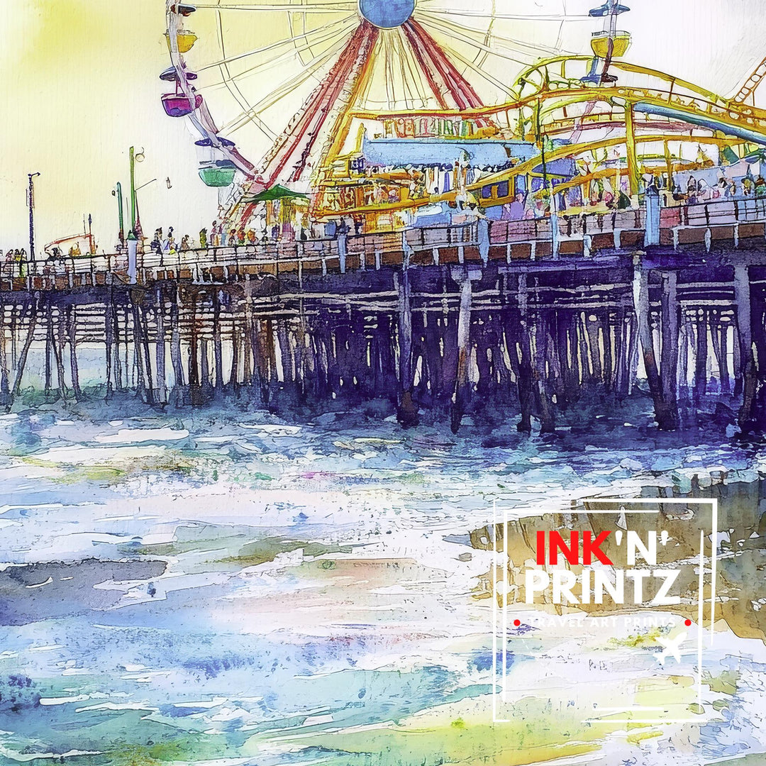 Santa Monica Pier Watercolor Travel Print Wall Decor Wall Art Santa Monica Pier Landscape Wall Hanging Home Décor California Beach Gift Art