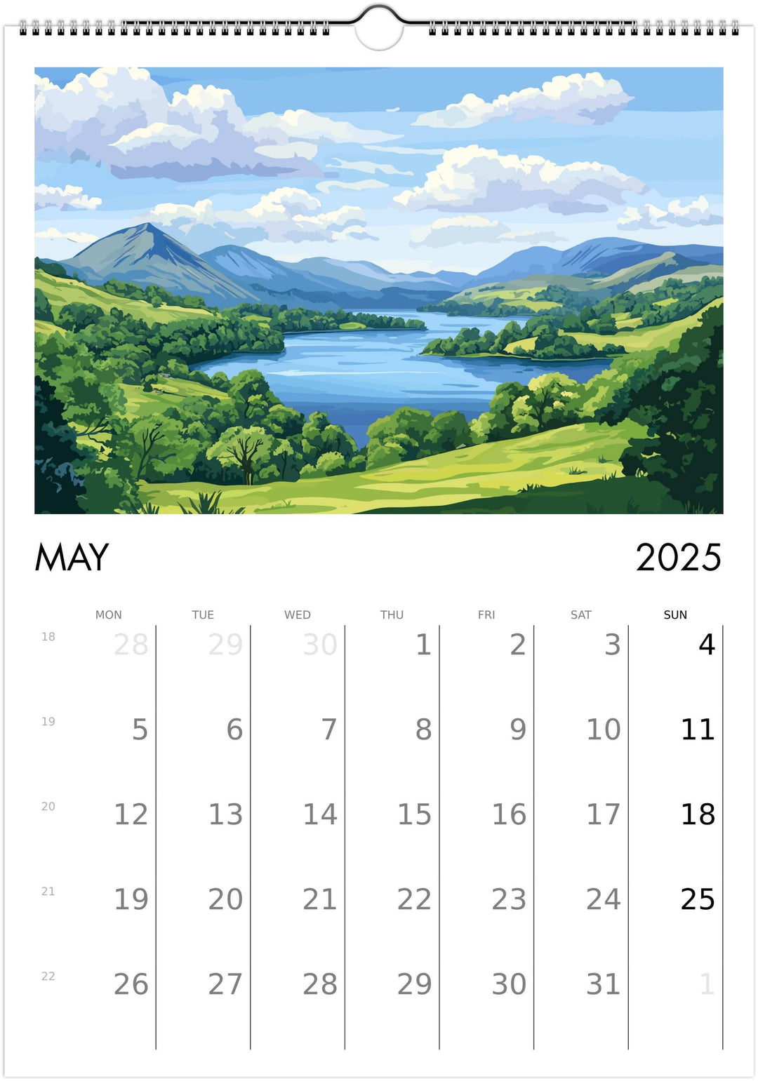 Lake District A3 Travel Calendar Wall Art Lake District Landscape Calendar UK Travel Poster Art Gift Nature Lovers Scenic Views