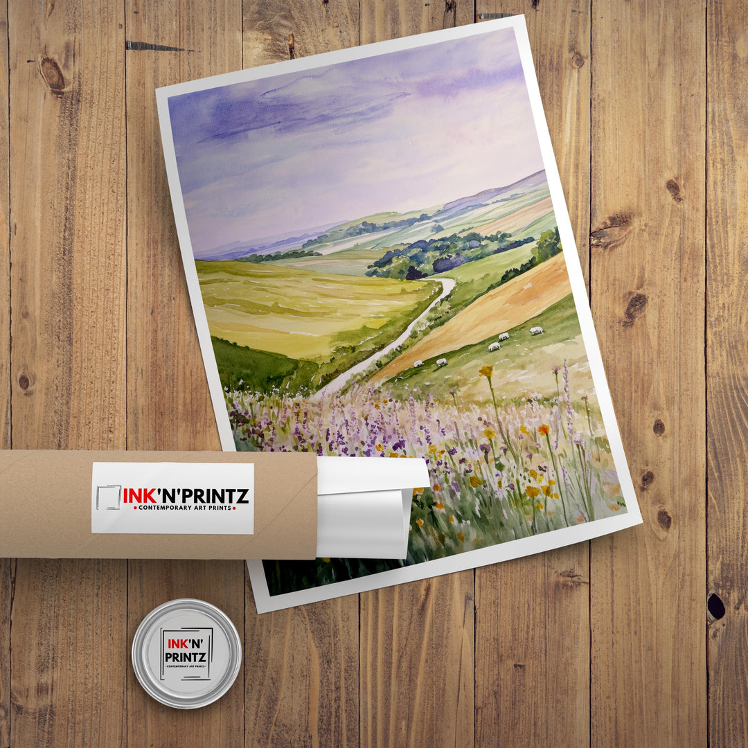 South Downs Watercolor Travel Poster