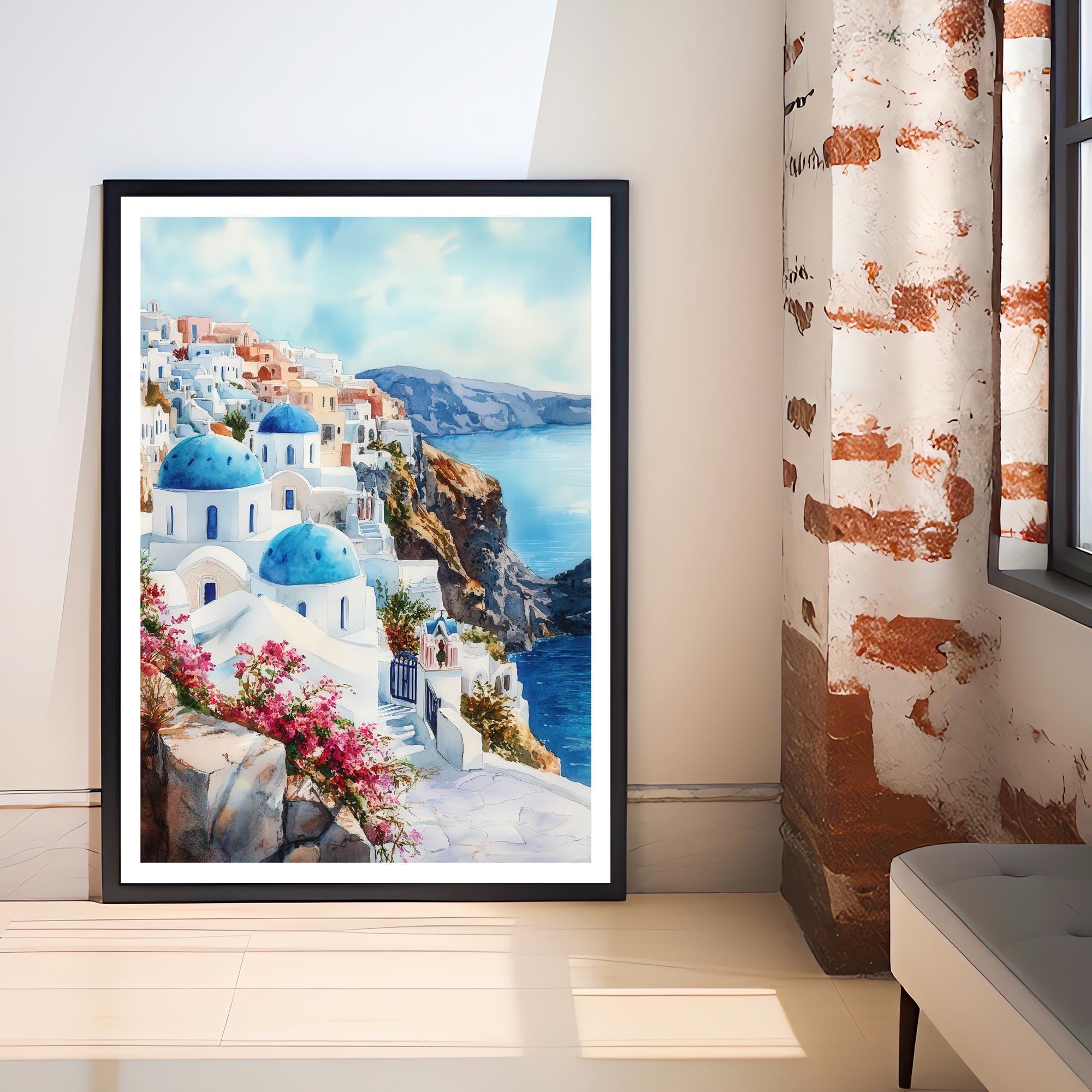 Santorini Watercolor Travel Poster