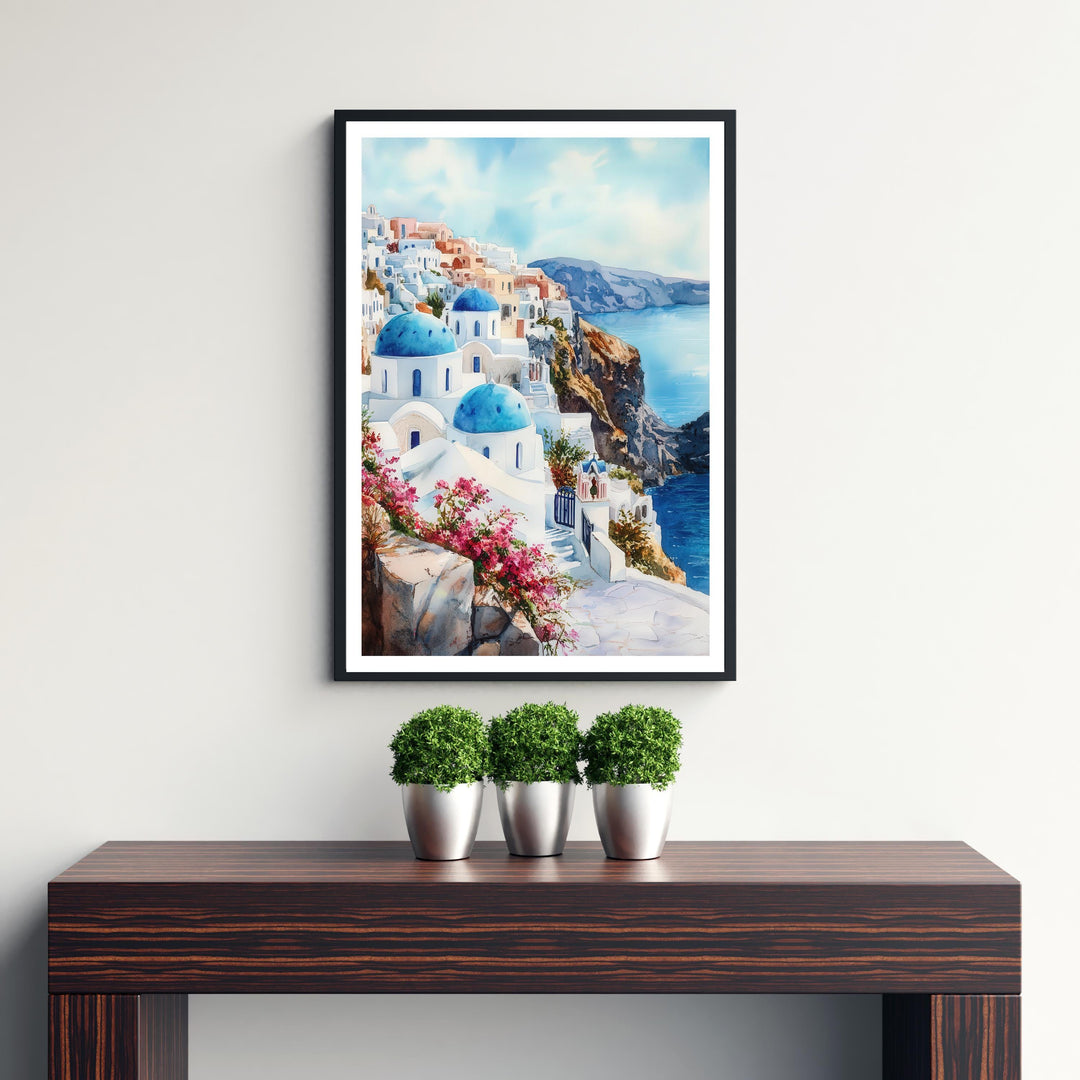 Santorini Watercolor Travel Poster