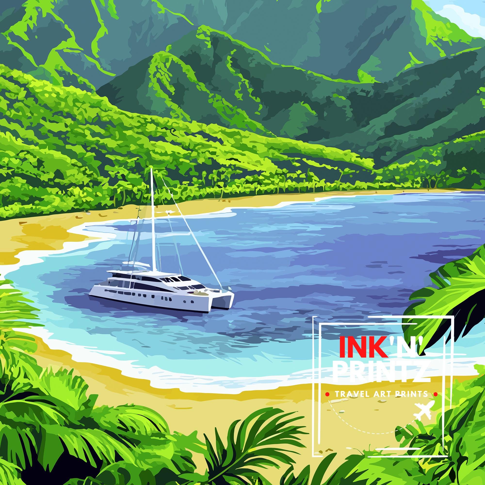 Hanalei Bay Hawaii Watercolor Travel Poster