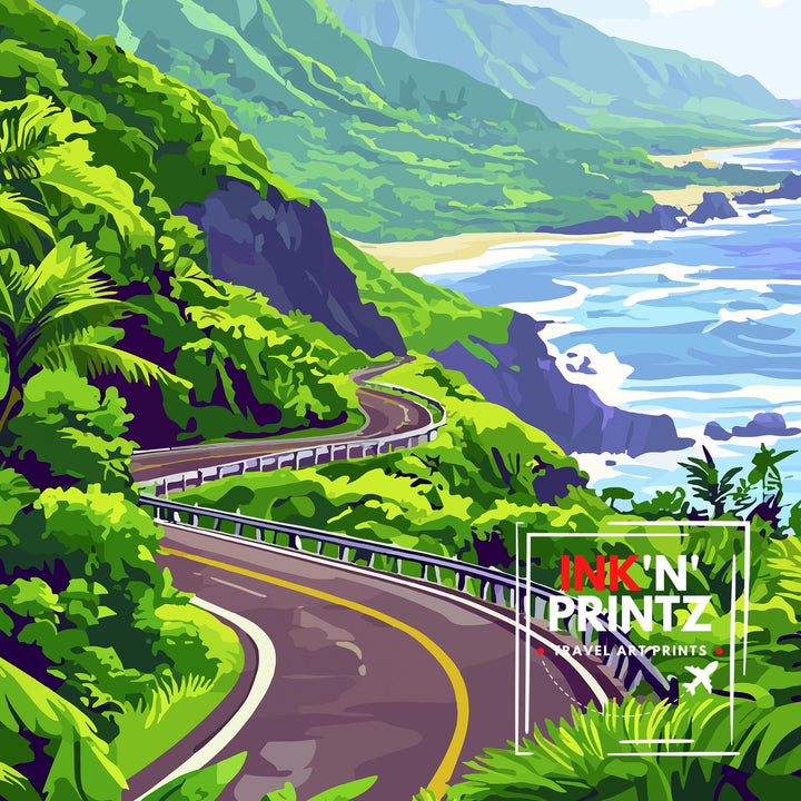 Road to Hana Maui Watercolor Travel Poster