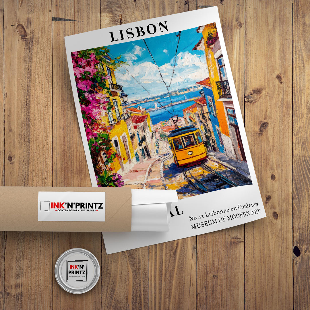 Lisbon Portugal Travel Poster – Colorful Cityscape Wall Art, Historic Tram Decor & Travel Lover Gift