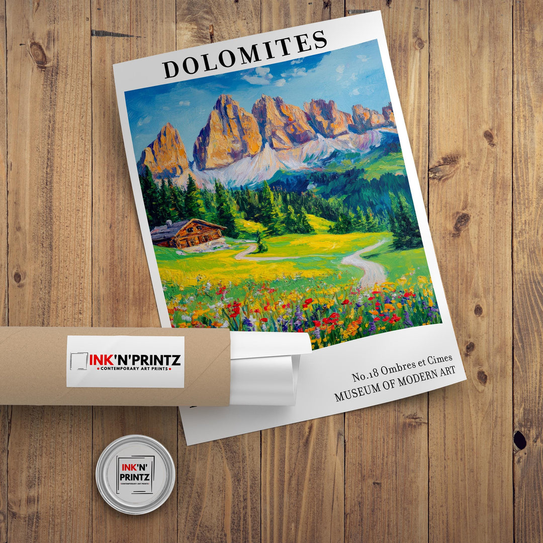 Dolomites Italy Travel Poster – Alpine Mountain Wall Art, Scenic Landscape Decor & Nature Lover Gift