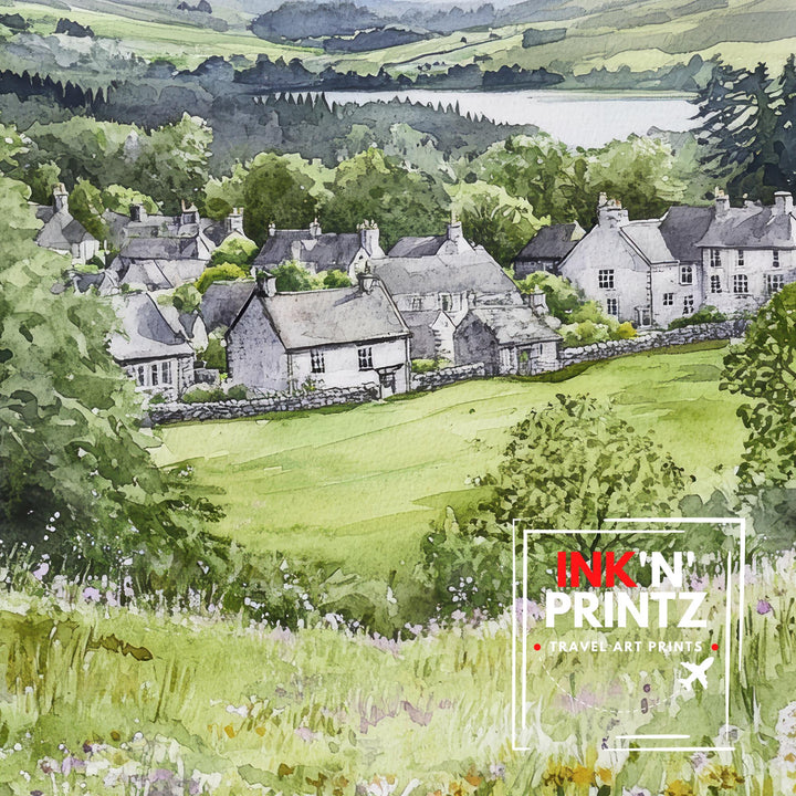 Hawkshead Lake District Watercolor Travel Poster