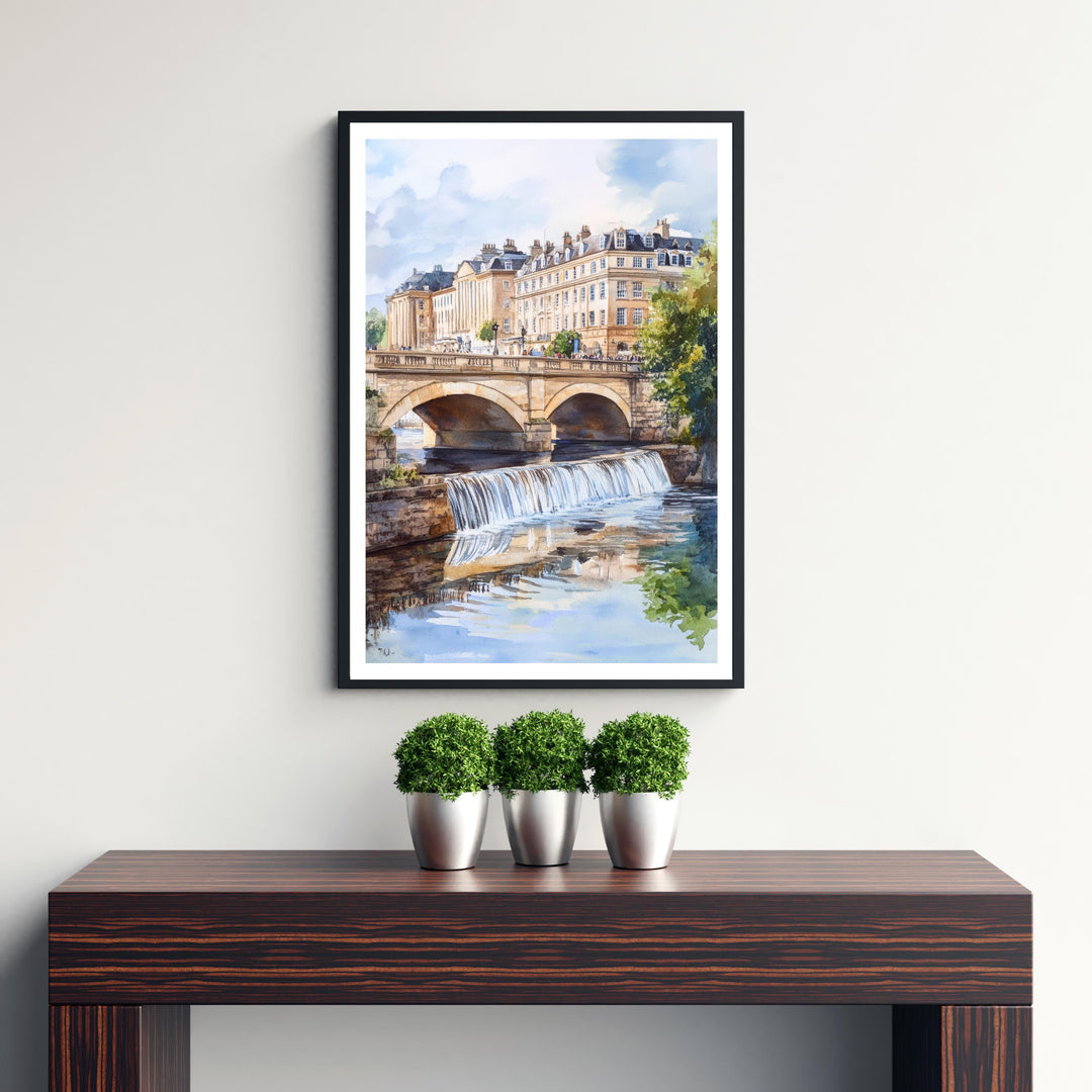 Bath England Watercolor Travel Poster – Historic Cityscape Wall Art, Roman Baths Decor & Nature Lover Gift