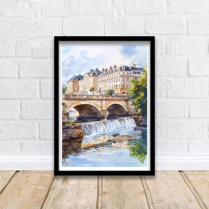 Bath England Watercolor Travel Poster – Historic Cityscape Wall Art, Roman Baths Decor & Nature Lover Gift