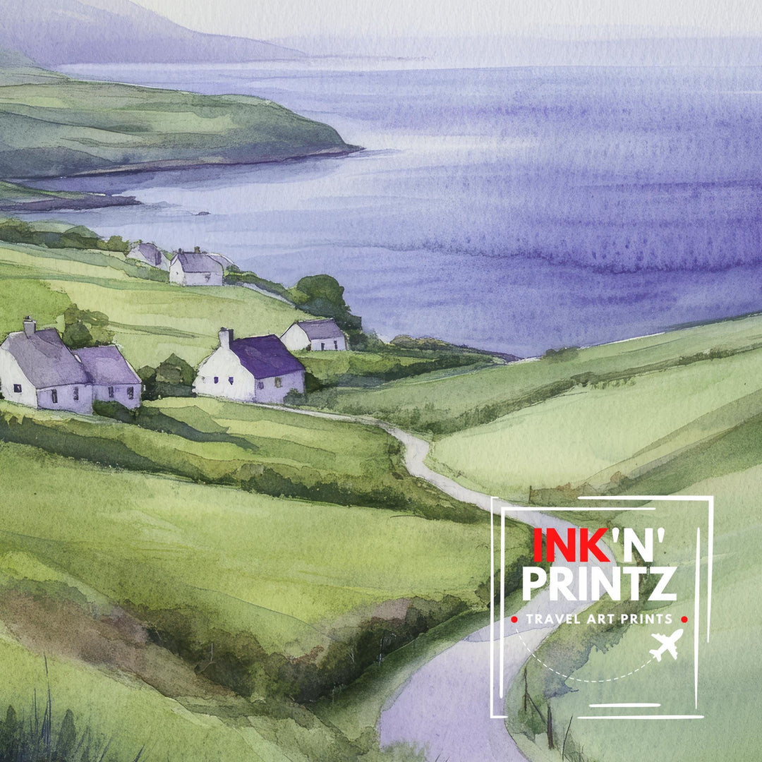 Wild Atlantic Way Watercolor Poster – Ireland Landscape Painting, Coastal Irish Art, Scenic Drive Decor & Nature Lover Gift