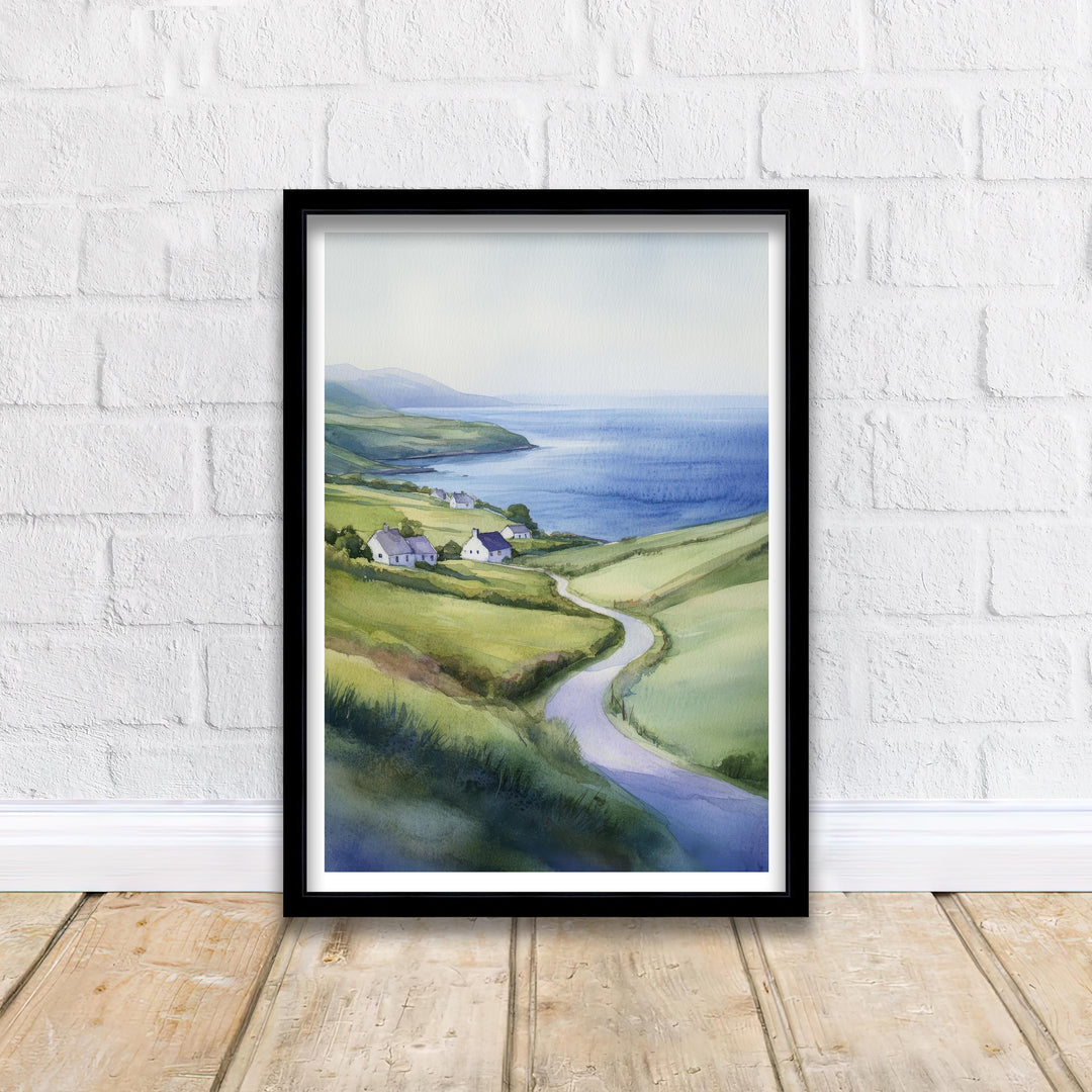 Wild Atlantic Way Watercolor Poster – Ireland Landscape Painting, Coastal Irish Art, Scenic Drive Decor & Nature Lover Gift