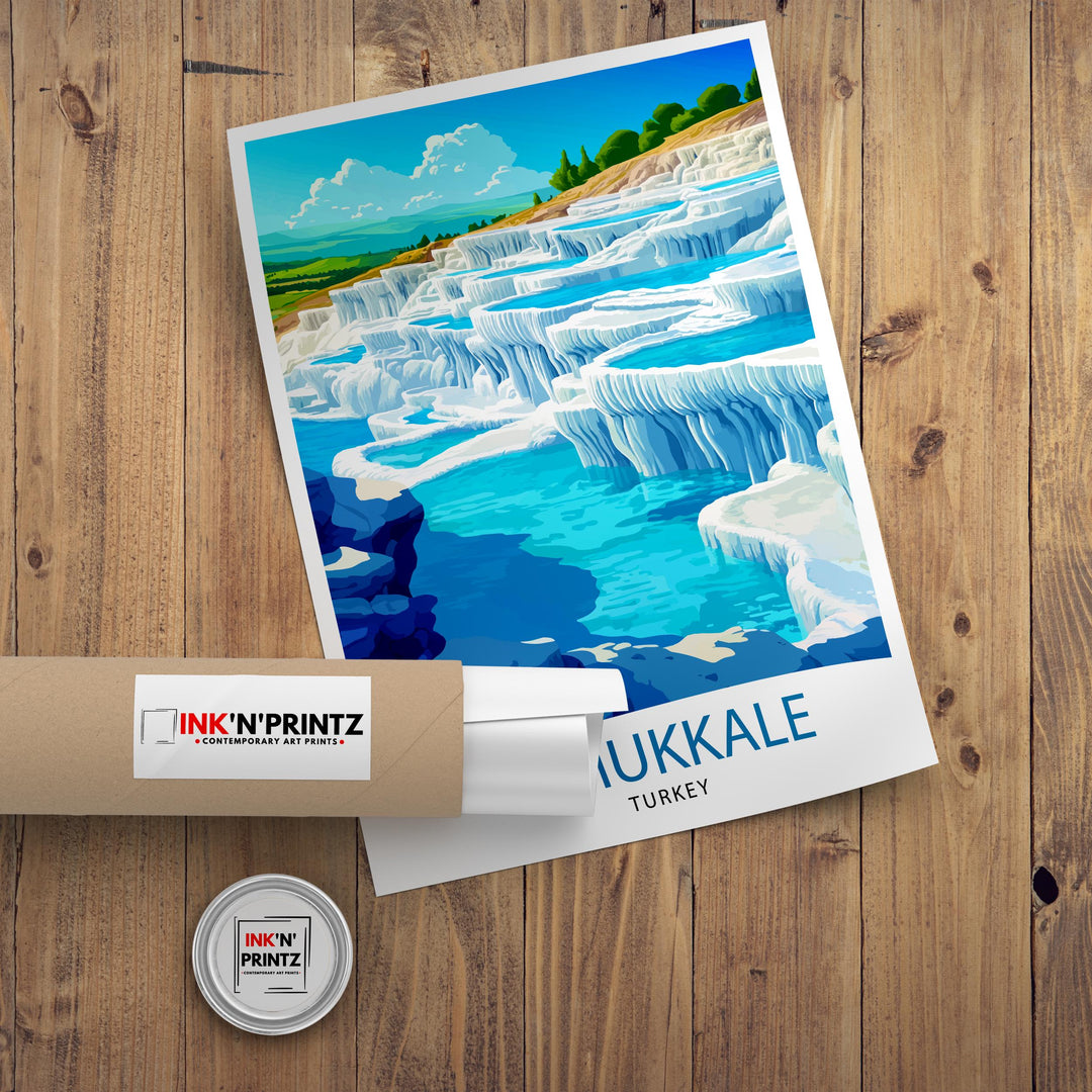 Pamukkale Turkey Travel Poster – White Terraces & Hot Springs Wall Art, Scenic Decor & Nature Lover Gift