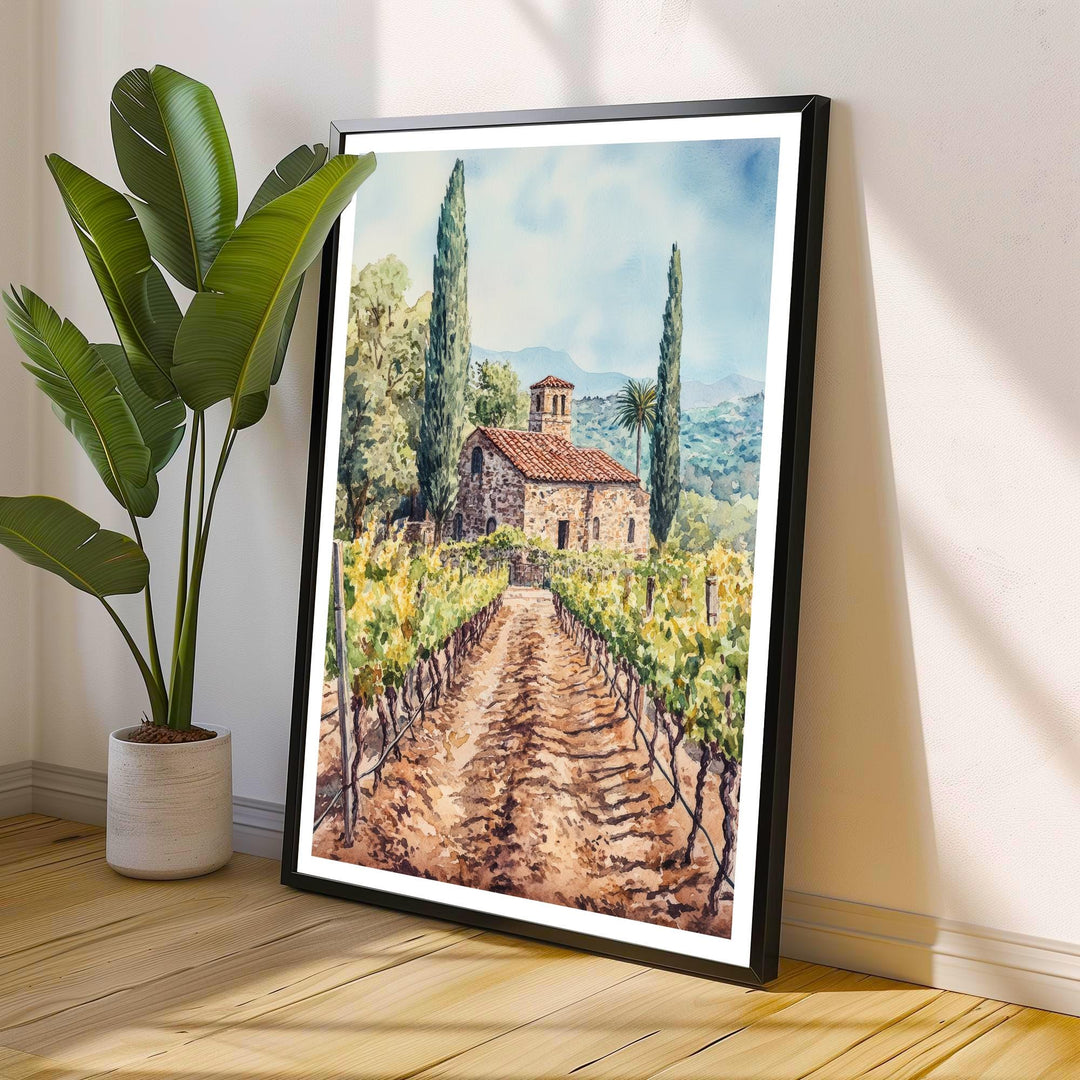 Napa Valley Watercolor Poster – California Vineyard Wall Art, Rustic Landscape Art for Home Decor & Wine Lovers