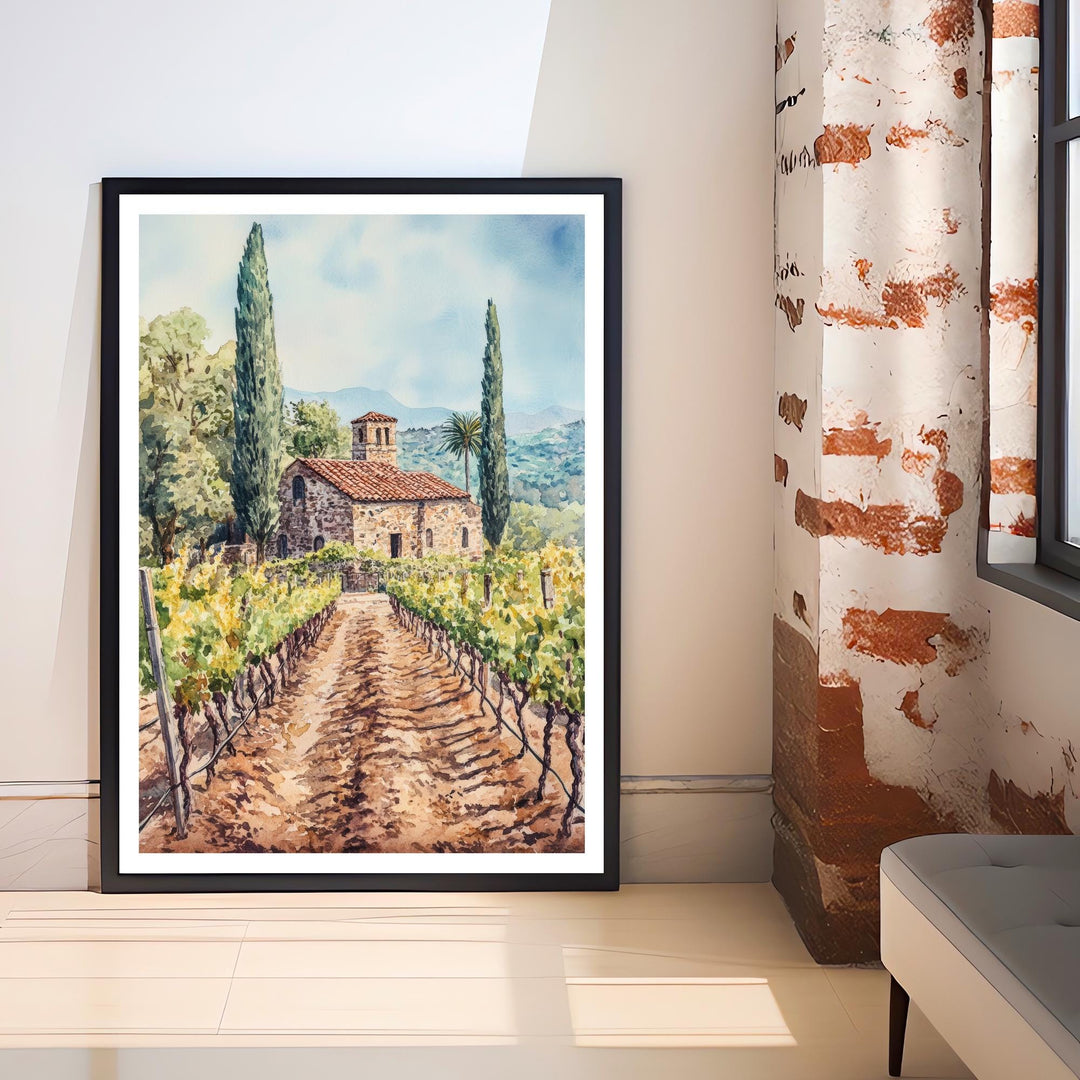 Napa Valley Watercolor Poster – California Vineyard Wall Art, Rustic Landscape Art for Home Decor & Wine Lovers