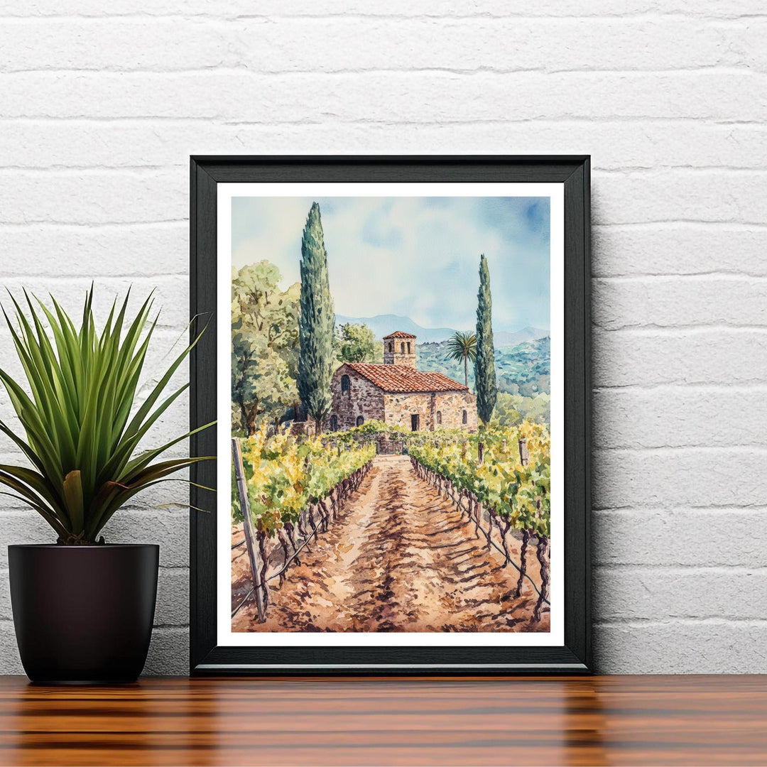 Napa Valley Watercolor Poster – California Vineyard Wall Art, Rustic Landscape Art for Home Decor & Wine Lovers