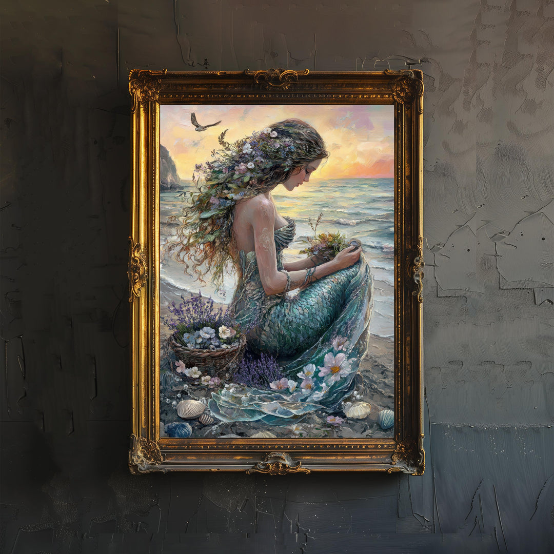 Mermaid Cottagecore Art Print Vintage Ocean Wall Art Mystical Coastal Poster for Living Room Bedroom or Gallery Wall Whimsical Nautical