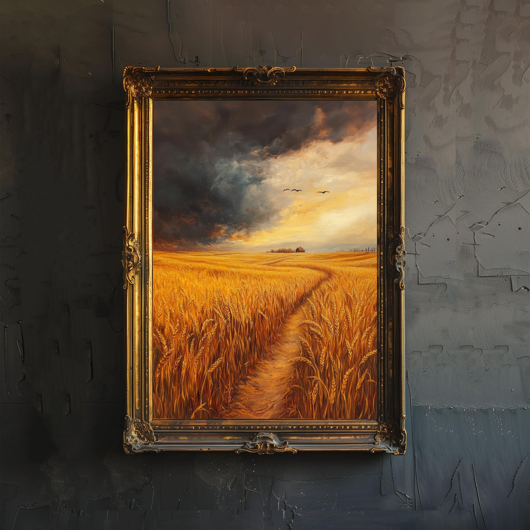 Wheat Field Poster Cottagecore Decor Dark Academia Art Vintage Rustic Landscape Illustration Nature Wall Art