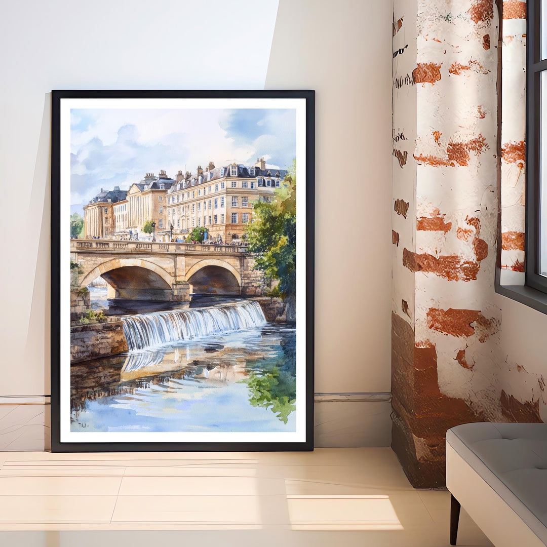 Bath England Watercolor Travel Poster – Historic Cityscape Wall Art, Roman Baths Decor & Nature Lover Gift