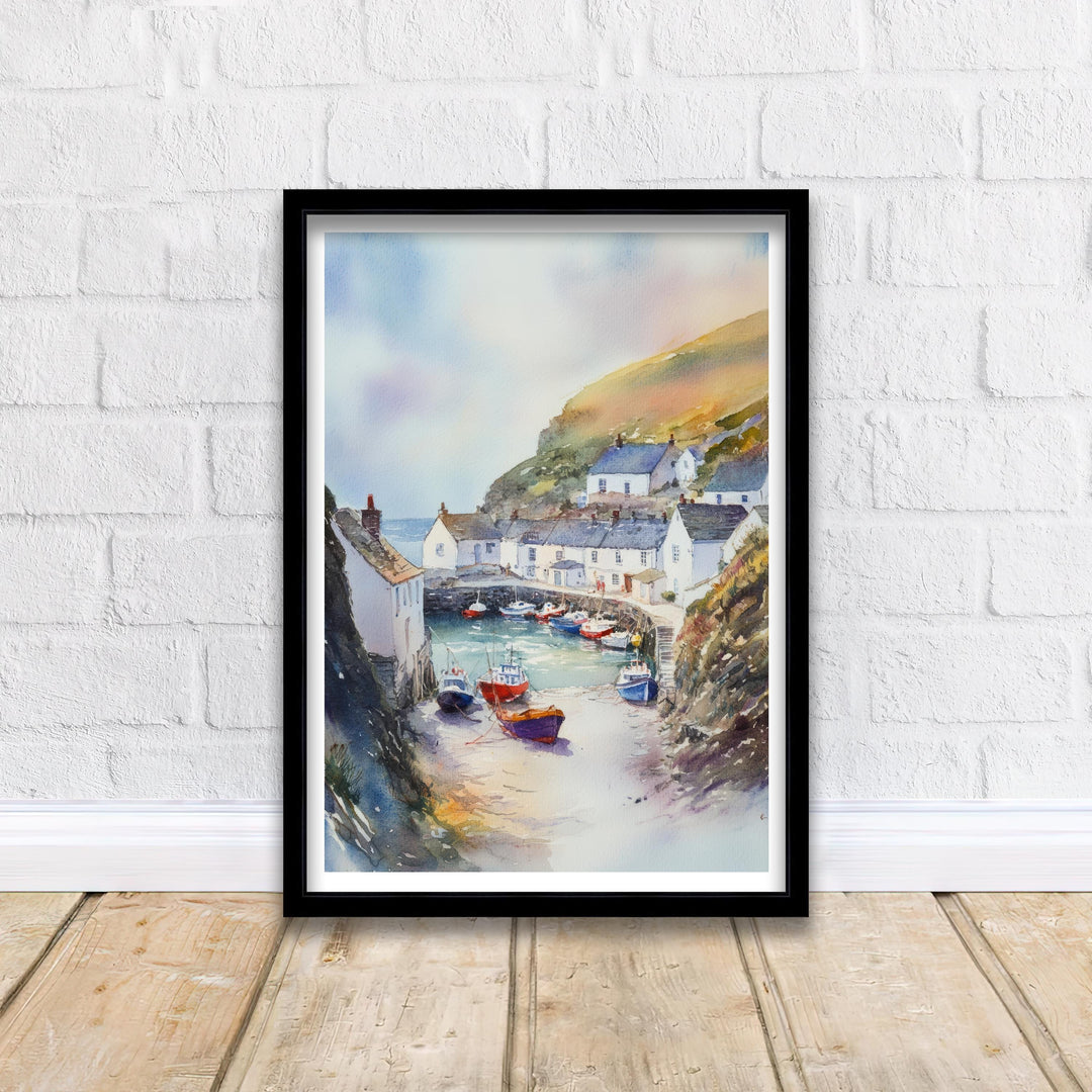 Port Isaac Cornwall Watercolor Travel Poster – Coastal Seascape Wall Art, Charming Fishing Village Decor & Nature Lover Gift