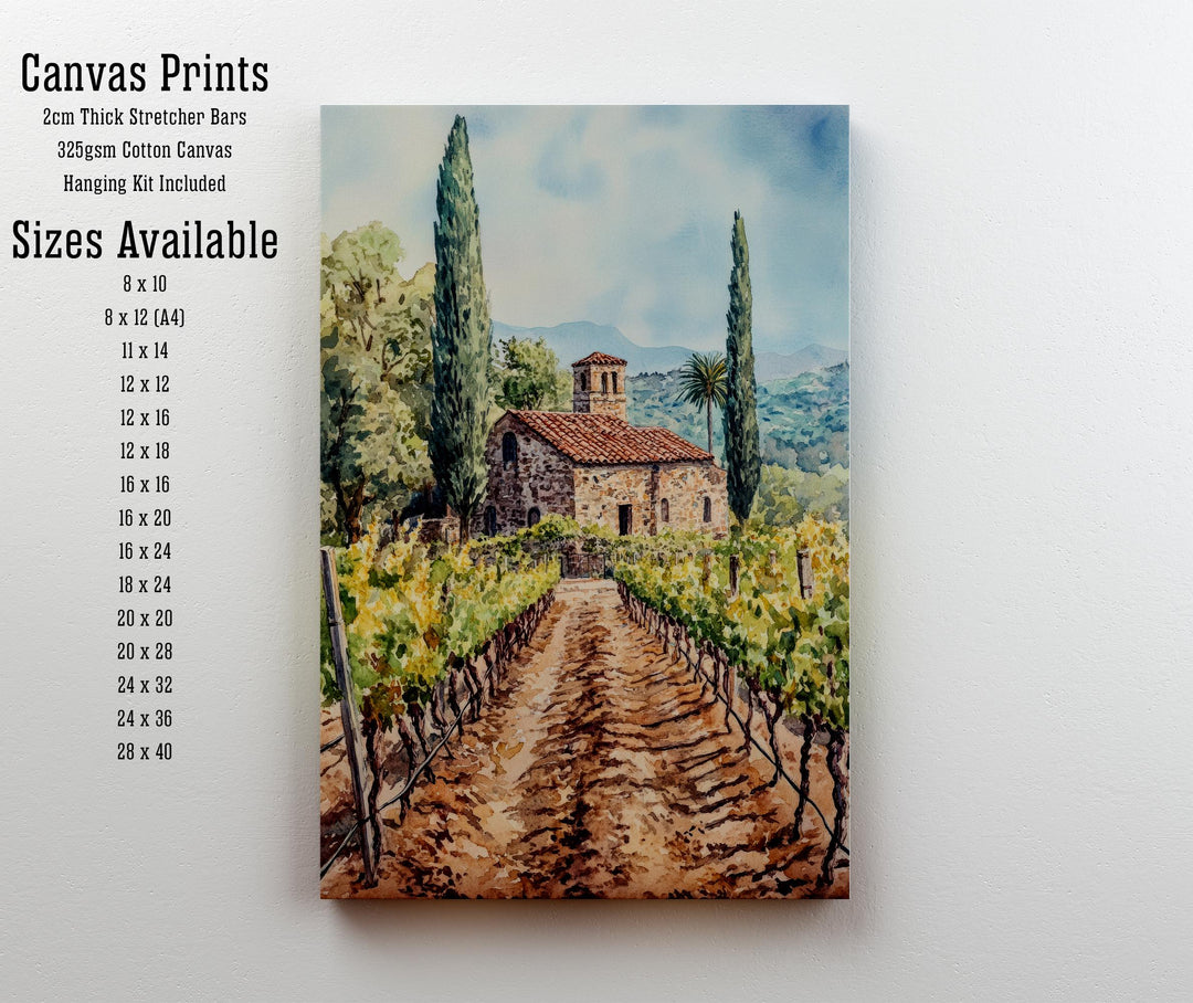 Napa Valley Watercolor Poster – California Vineyard Wall Art, Rustic Landscape Art for Home Decor & Wine Lovers