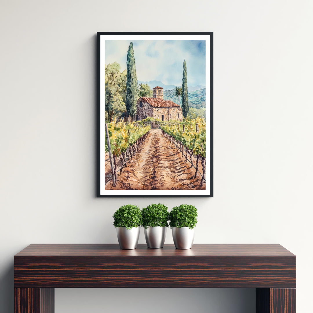 Napa Valley Watercolor Poster – California Vineyard Wall Art, Rustic Landscape Art for Home Decor & Wine Lovers