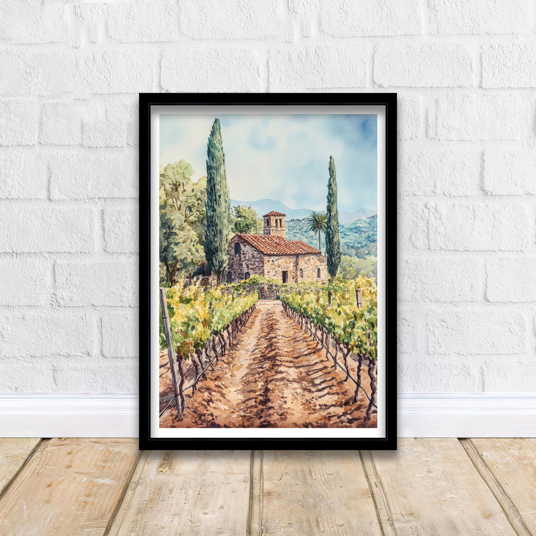 Napa Valley Watercolor Poster – California Vineyard Wall Art, Rustic Landscape Art for Home Decor & Wine Lovers