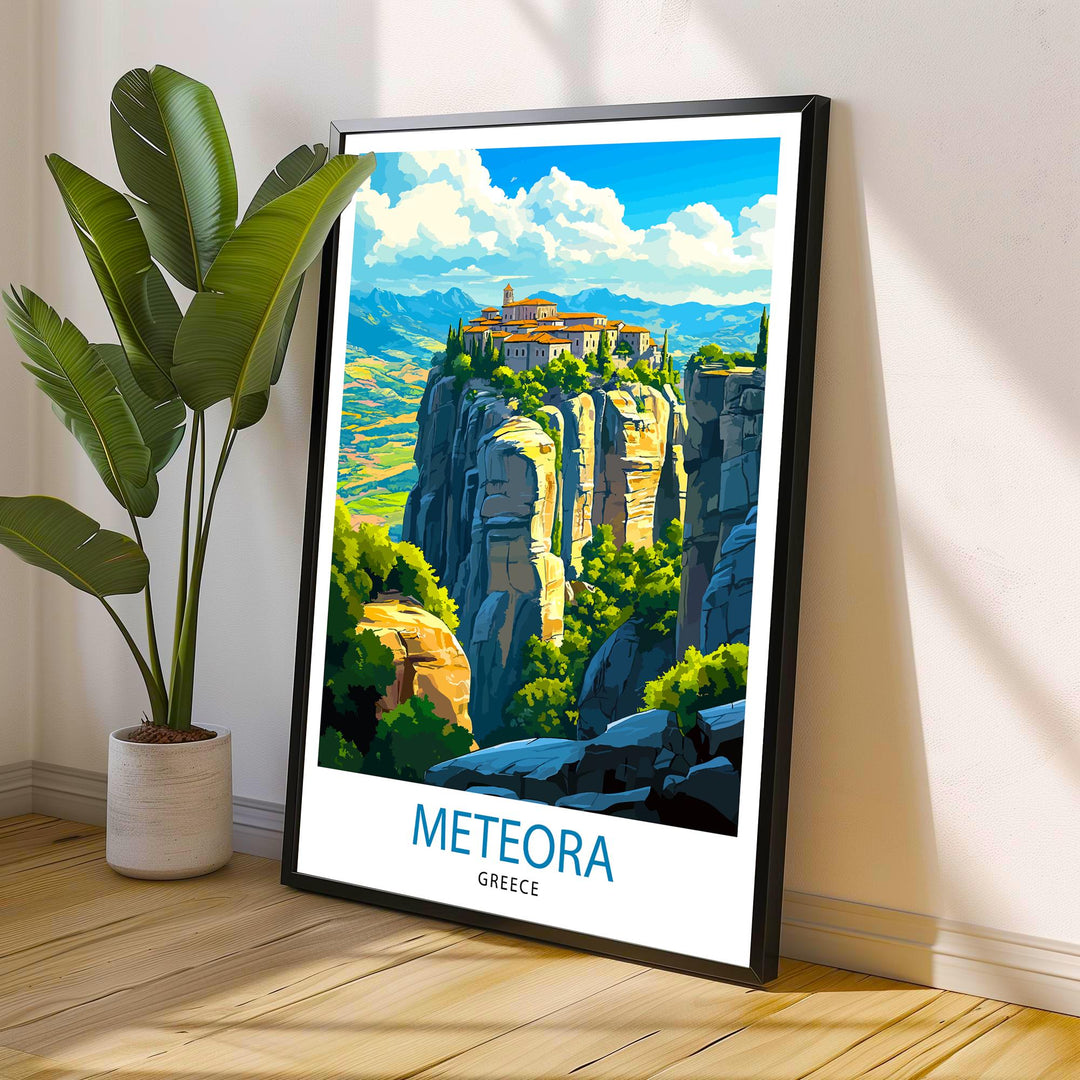 Meteora Greece Travel Poster – Monasteries & Greek Landscape Wall Art