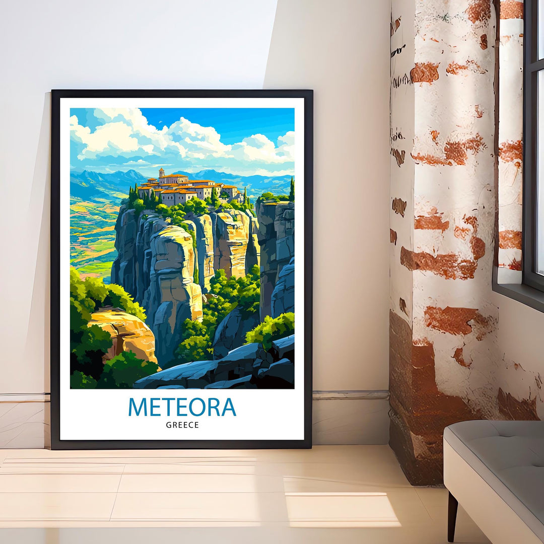 Meteora Greece Travel Poster – Monasteries & Greek Landscape Wall Art