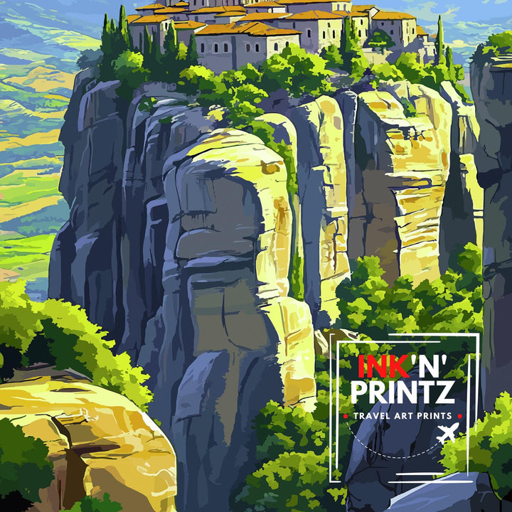 Meteora Greece Travel Poster – Monasteries & Greek Landscape Wall Art