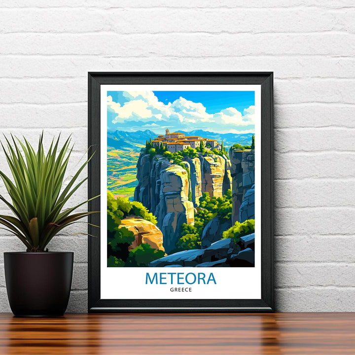 Meteora Greece Travel Poster – Monasteries & Greek Landscape Wall Art