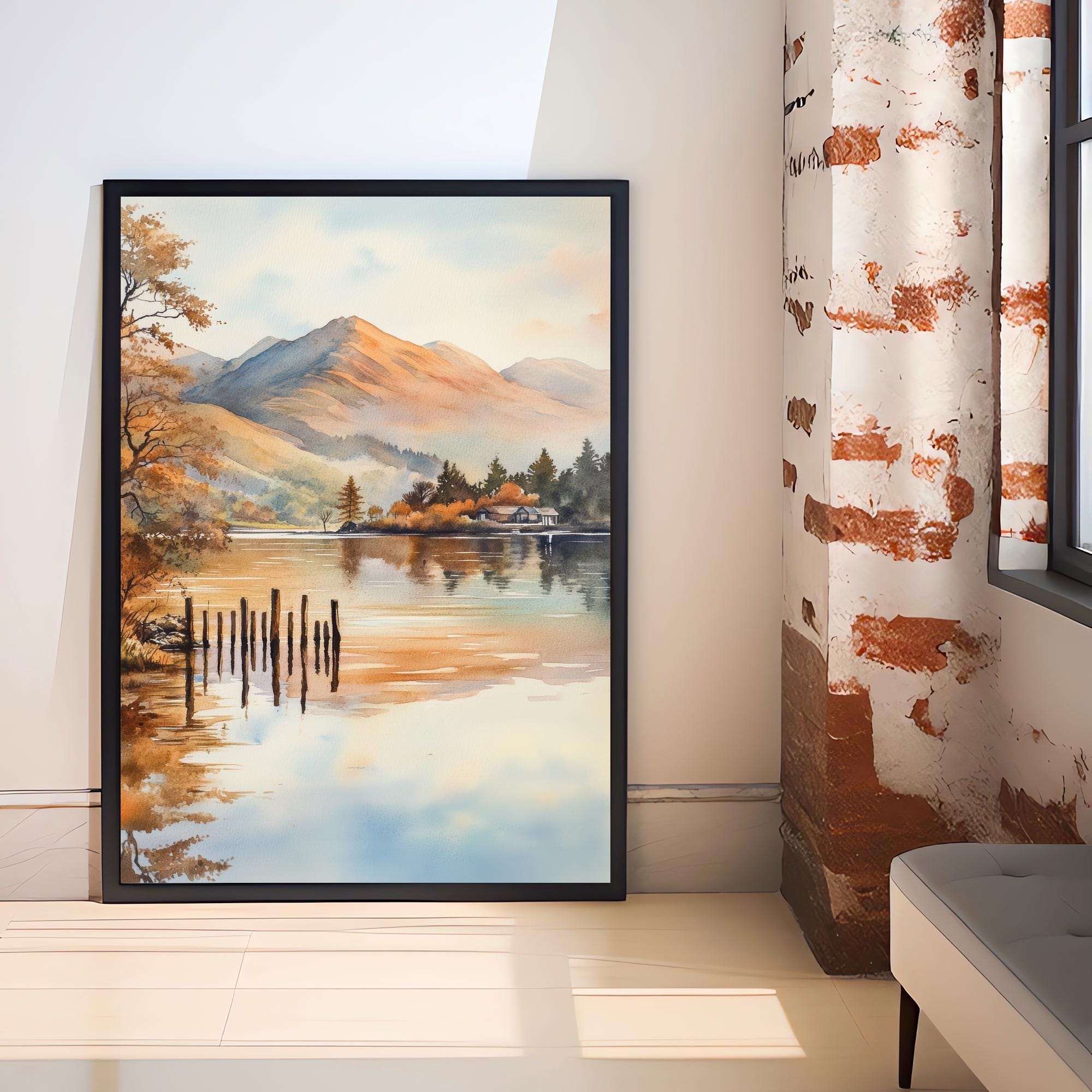 Derwentwater Lake District Watercolor Painting Lake District Landscape Art Derwentwater Poster UK Nature Art Watercolor Lake Painting Scenic
