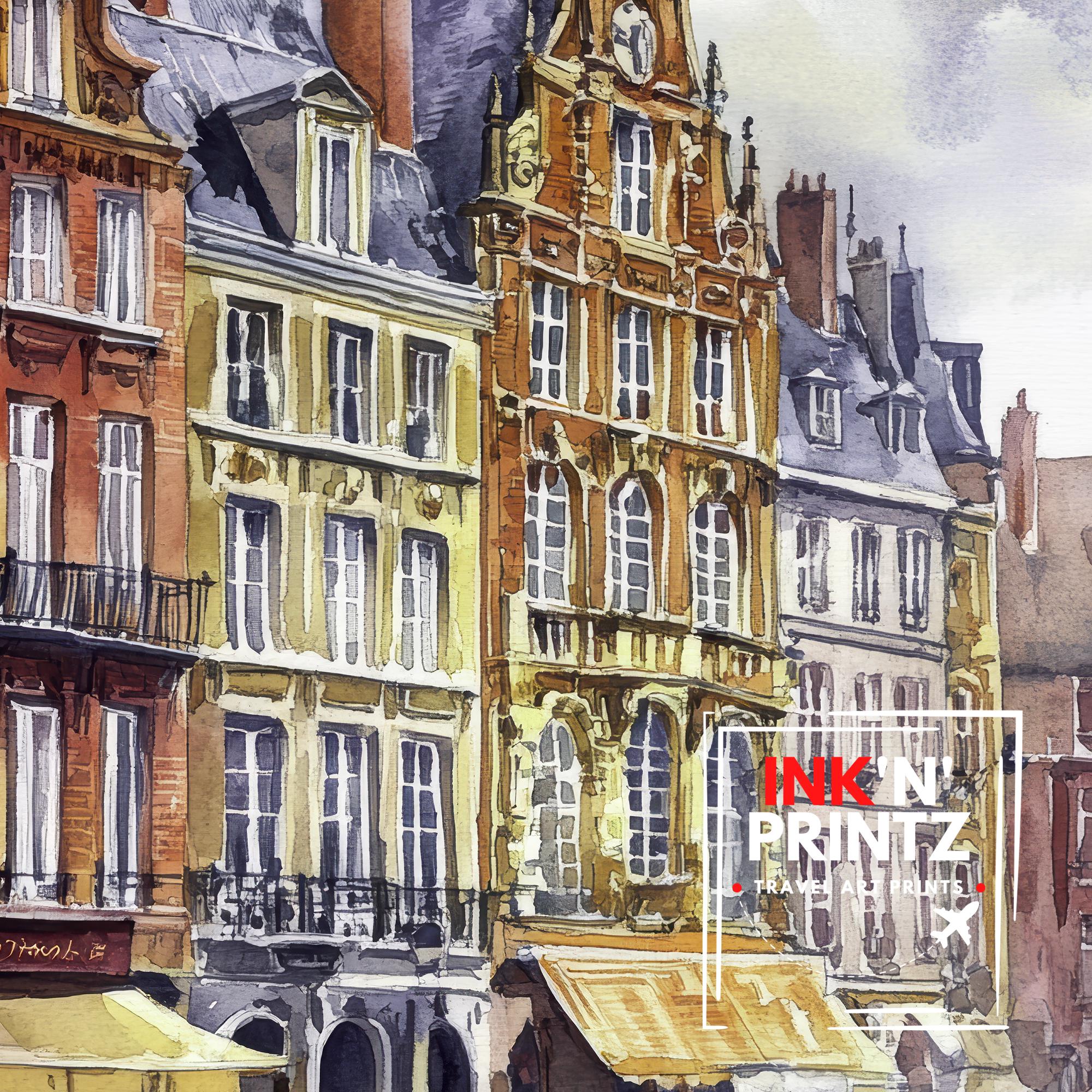 Lille Watercolor Painting French City Art Lille Print Watercolor Cityscape Lille Skyline French Travel Decor Scenic Lille Wall Art