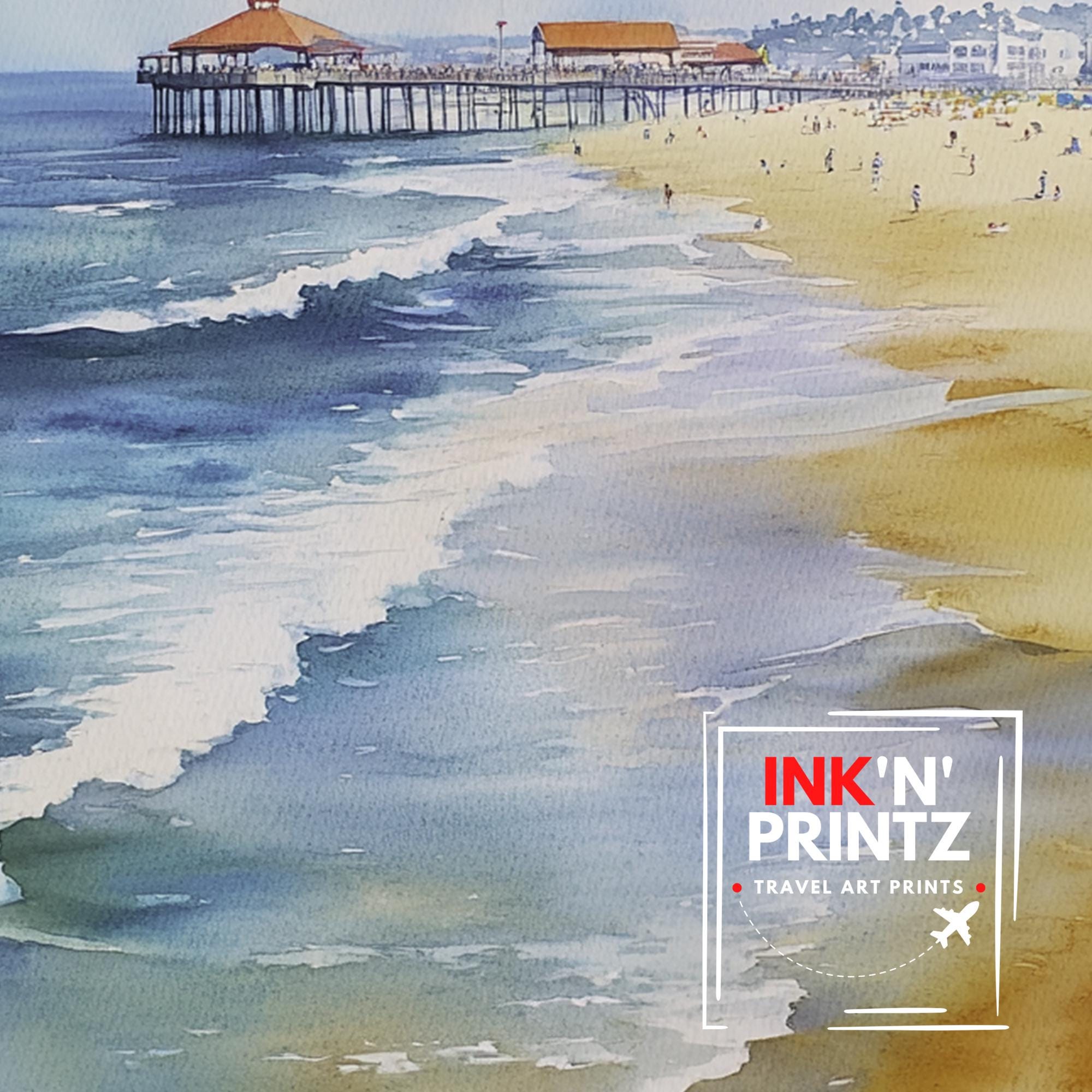 Huntington Beach Watercolor Painting California Beach Art Huntington Beach Print Watercolor Coastal Landscape Surf Art Scenic Beach Decor