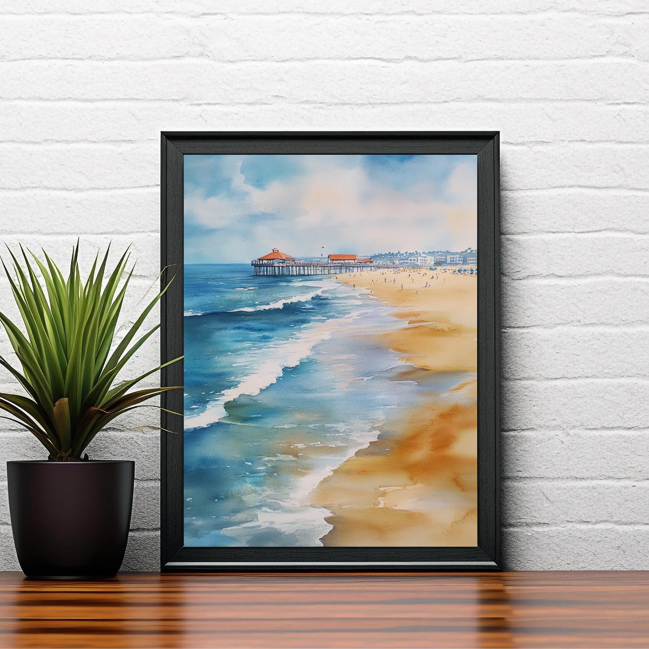 Huntington Beach Watercolor Painting California Beach Art Huntington Beach Print Watercolor Coastal Landscape Surf Art Scenic Beach Decor