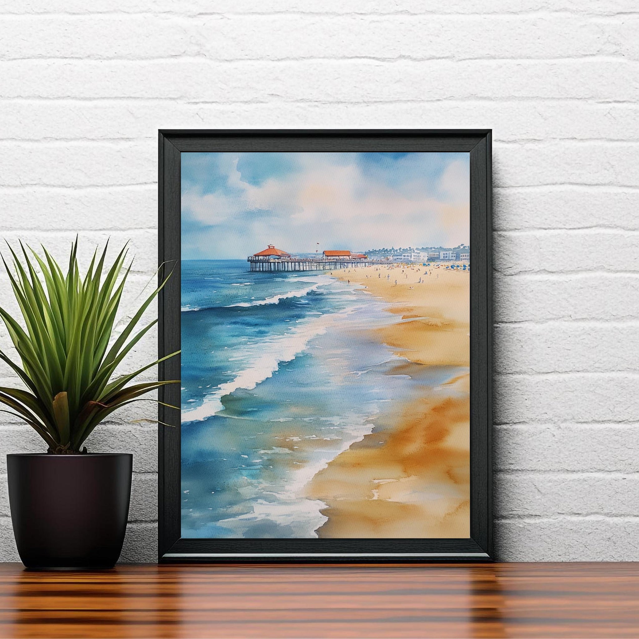 Huntington Beach Watercolor Painting California Beach Art Huntington Beach Print Watercolor Coastal Landscape Surf Art Scenic Beach Decor