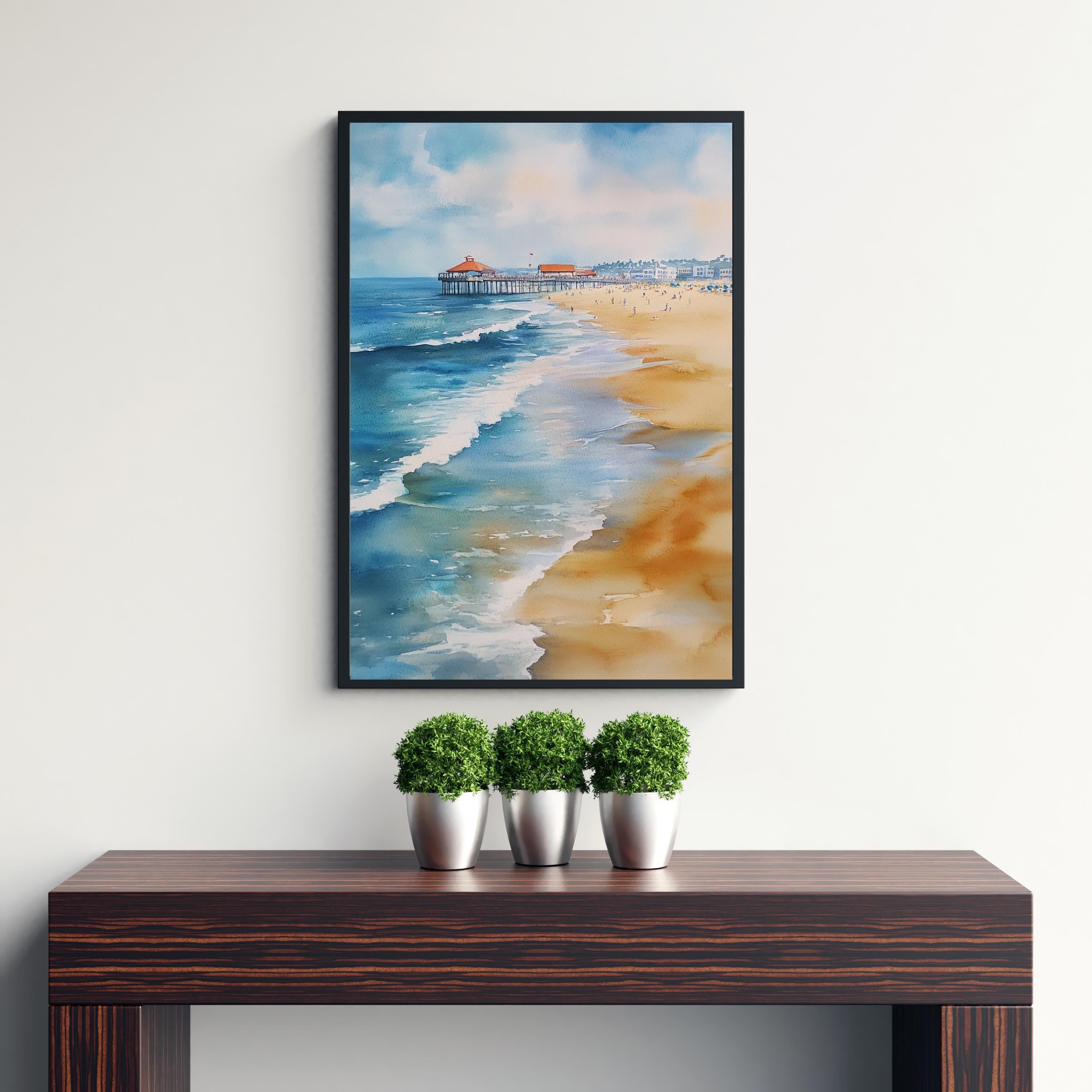 Huntington Beach Watercolor Painting California Beach Art Huntington Beach Print Watercolor Coastal Landscape Surf Art Scenic Beach Decor